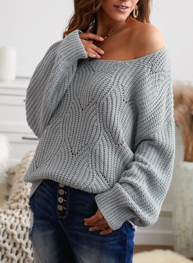 Dokotoo Womens Winter Fall Crew Neck Sweaters for Women Long Sleeve Solid Hollow Out Autumn Winter Fall Basic Casual Loose Chunky Knit Pullover Sweaters for Women Jumper Tops Grey Large - Image 2